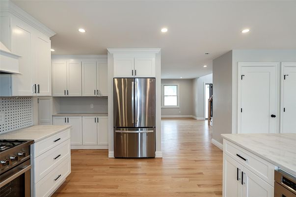 Interior, Kitchen, Recessed Lighting, Stainless Steel Appliances, Wood Texture Flooring