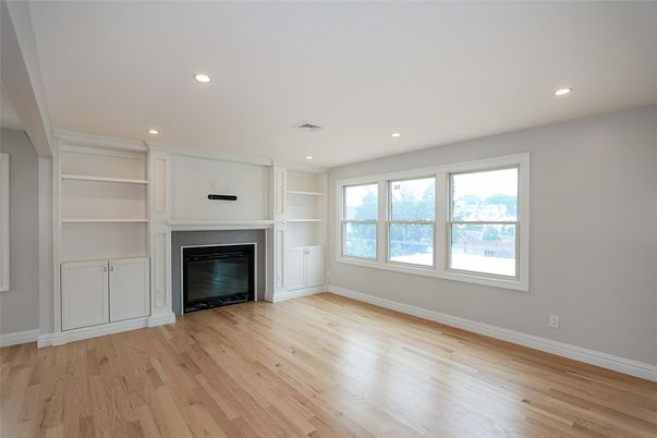 Empty room, Fireplace, Interior, Recessed Lighting, Wood Texture Flooring