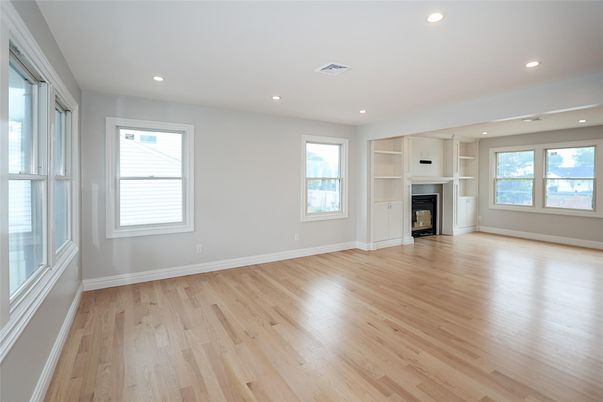 Empty room, Fireplace, Interior, Recessed Lighting, Wood Texture Flooring