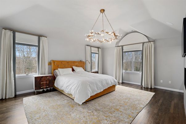 Bedroom, Interior, Pendant Lights, Wood Texture Flooring