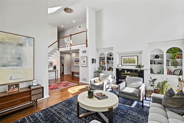 Fireplace, Interior, Living room, Pendant Lights, Piano, Recessed Lighting, Wood Texture Flooring
