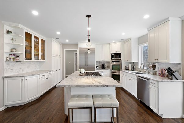 Interior, Kitchen, Pendant Lights, Recessed Lighting, Stainless Steel Appliances, Wood Texture Flooring