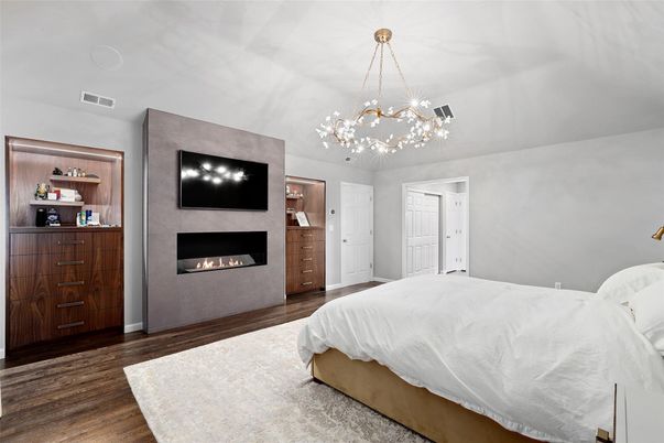Bedroom, Fireplace, Interior, Pendant Lights, Wood Texture Flooring