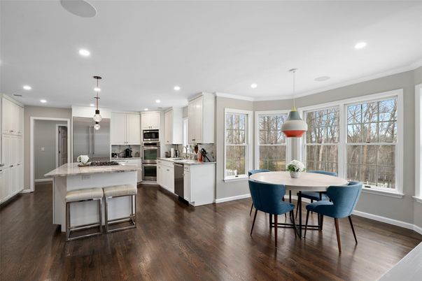 Dining room, Interior, Kitchen, Pendant Lights, Recessed Lighting, Stainless Steel Appliances, Wood Texture Flooring