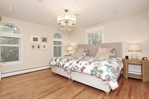 Bedroom, Chandelier, Interior, Recessed Lighting, Wood Texture Flooring