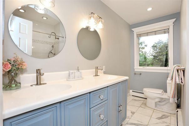 Bathroom, Dual Sink Vanities, Interior, Marble, Recessed Lighting