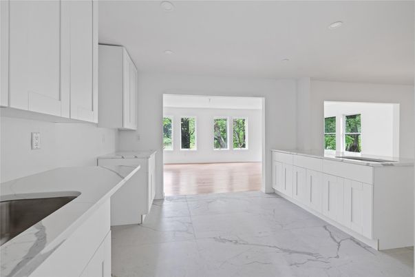 Interior, Kitchen, Marble, Recessed Lighting, Wood Texture Flooring