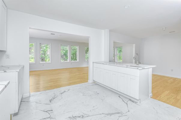 Interior, Kitchen, Marble, Recessed Lighting, Wood Texture Flooring