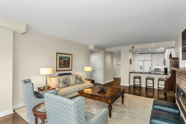 Fireplace, Interior, Kitchen, Living room, Recessed Lighting, Stainless Steel Appliances, Wood Texture Flooring