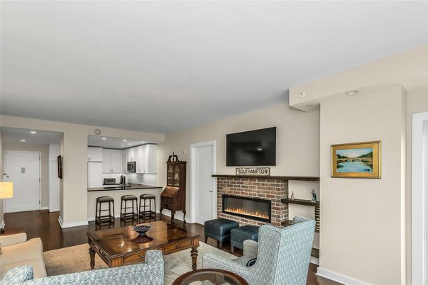 Fireplace, Interior, Kitchen, Living room, Recessed Lighting, Wood Texture Flooring