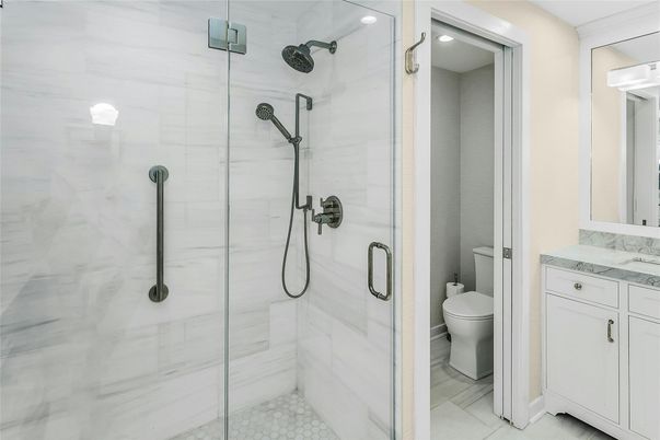 Bathroom, Glass Shower, Interior, Marble Walls