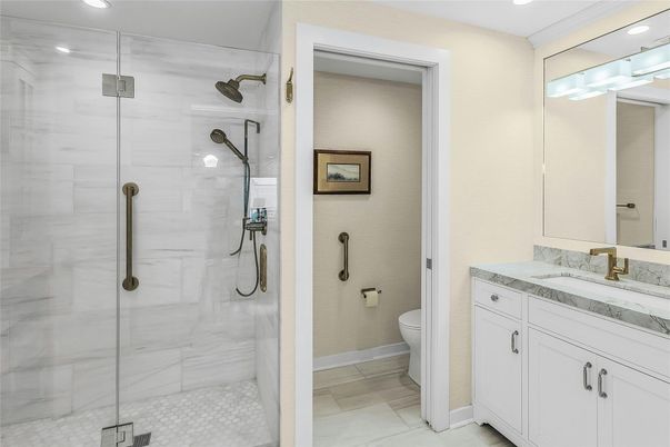 Bathroom, Glass Shower, Interior, Recessed Lighting
