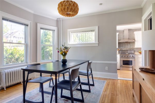 Dining room, Interior, Kitchen, Pendant Lights, Stainless Steel Appliances, Wood Texture Flooring