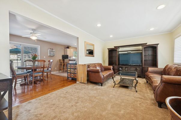 Dining room, Interior, Living room, Recessed Lighting, Wood Texture Flooring