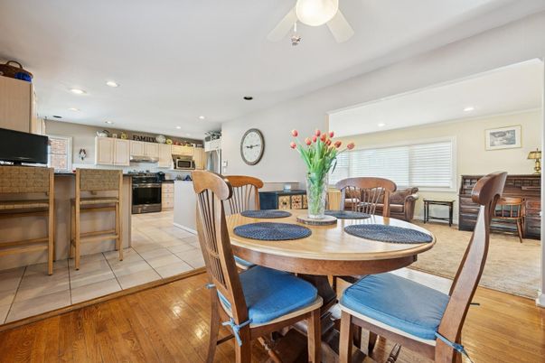 Dining room, Interior, Kitchen, Recessed Lighting, Stainless Steel Appliances, Wood Texture Flooring