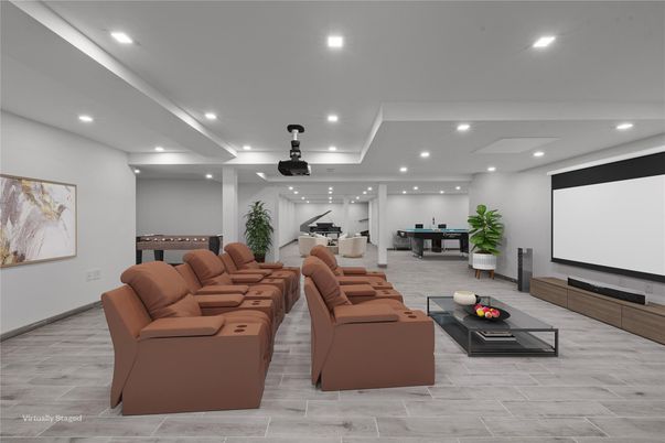 Game Room, Interior, Living room, Projection Screen, Recessed Lighting, Wood Texture Flooring