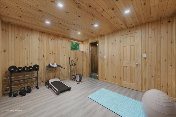 Fitness Equipment, Interior, Recessed Lighting, Wooden Ceilings, Wood Texture Flooring, Wooden Walls