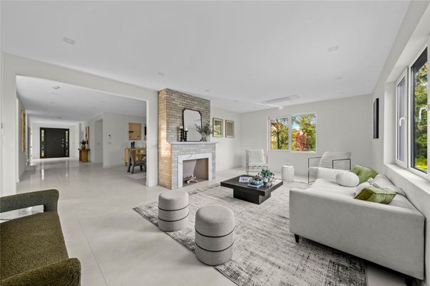 Fireplace, Interior, Living room, Recessed Lighting, Stone Walls