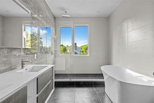 Bathroom, Free Standing Baths, Glass Shower, Interior, Marble Walls