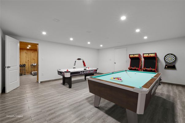 Billiard Table, Game Room, Interior, Recessed Lighting, Wood Texture Flooring, Wooden Walls