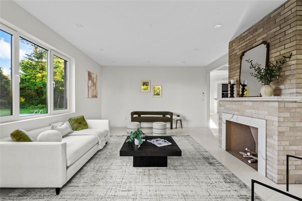 Fireplace, Interior, Living room, Recessed Lighting, Stone Walls