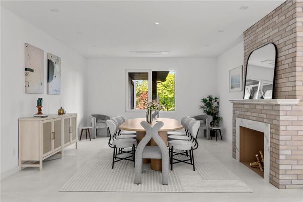 Dining room, Fireplace, Interior, Recessed Lighting, Stone Walls