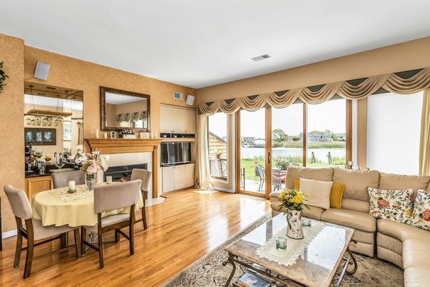 Dining room, Fireplace, Interior, Living room, Wood Texture Flooring