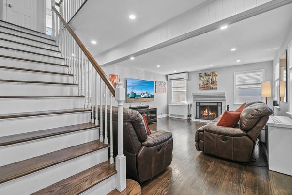 Fireplace, Interior, Living room, Recessed Lighting, Wood Texture Flooring