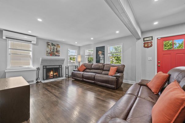 Fireplace, Interior, Living room, Recessed Lighting, Wood Texture Flooring