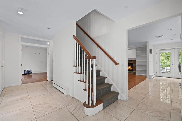 Fireplace, Interior, Marble, Recessed Lighting, Wood Texture Flooring