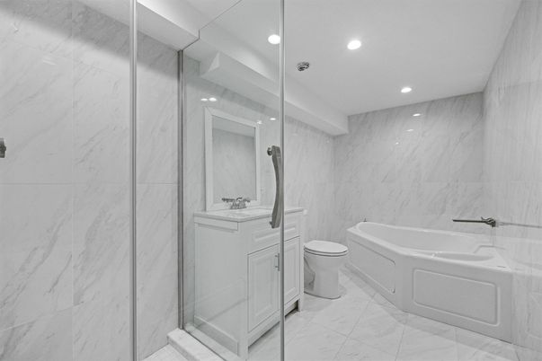 Bathroom, Dual Sink Vanities, Interior, Marble, Marble Walls, Recessed Lighting