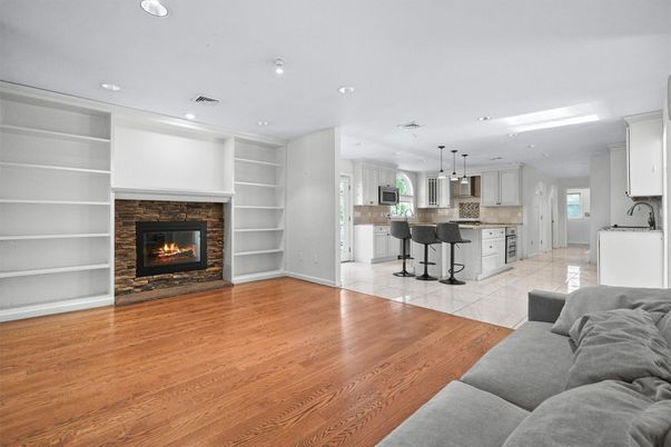 Fireplace, Interior, Kitchen, Living room, Pendant Lights, Recessed Lighting, Wood Texture Flooring
