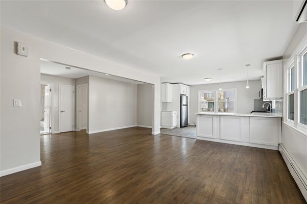 Empty room, Interior, Kitchen, Recessed Lighting, Wood Texture Flooring