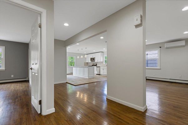 Empty room, Interior, Kitchen, Pendant Lights, Recessed Lighting, Wood Texture Flooring