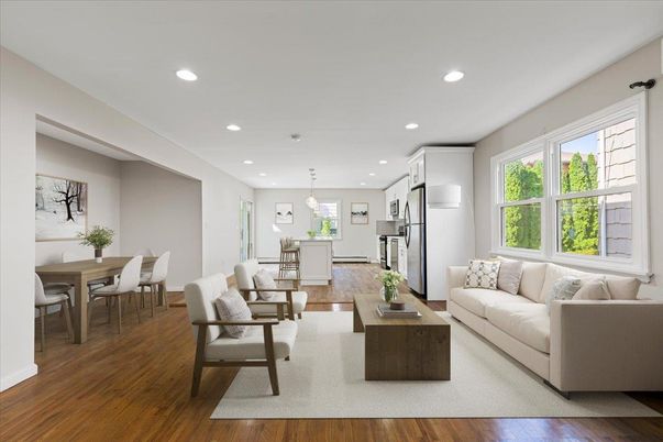 Dining room, Interior, Kitchen, Living room, Pendant Lights, Recessed Lighting, Stainless Steel Appliances, Wood Texture Flooring