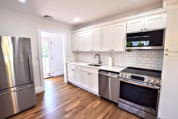 Interior, Kitchen, Recessed Lighting, Stainless Steel Appliances, Wood Texture Flooring