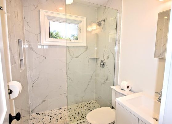 Bathroom, Glass Shower, Interior, Marble Walls, Recessed Lighting
