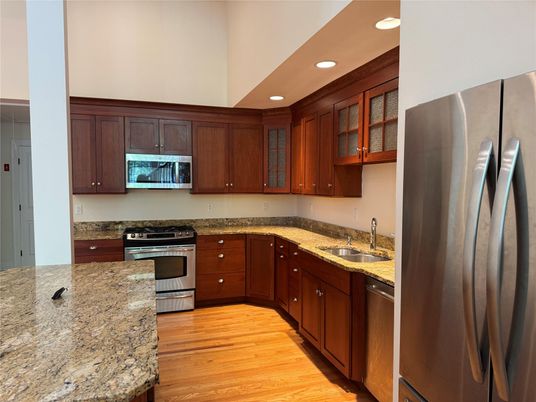 Interior, Kitchen, Recessed Lighting, Stainless Steel Appliances, Wood Texture Flooring