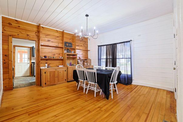 Dining room, Interior, Pendant Lights, Wood Texture Flooring, Wooden Walls