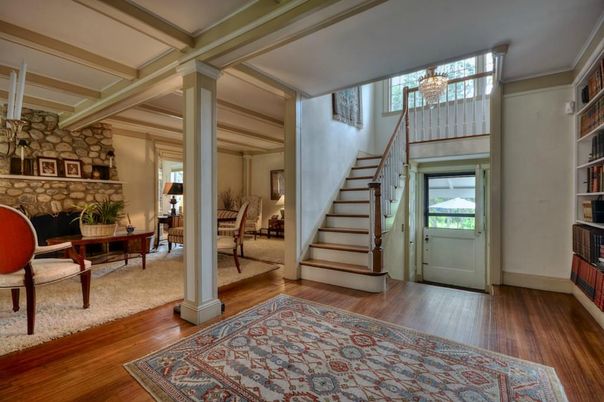 Chandelier, Fireplace, Interior, Stone Walls, Wood Texture Flooring