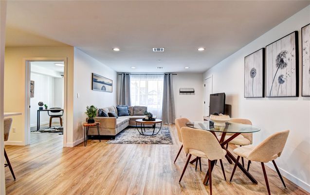 Dining room, Interior, Living room, Recessed Lighting, Wood Texture Flooring
