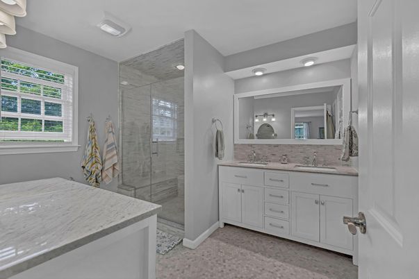 Bathroom, Dual Sink Vanities, Glass Shower, Interior, Recessed Lighting