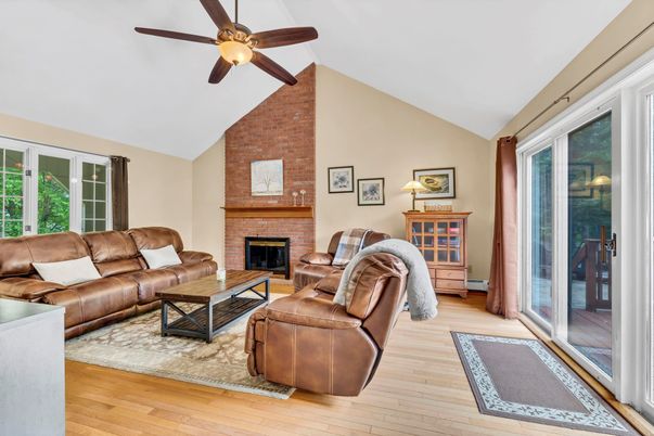 Fireplace, Interior, Living room, Stone Walls, Wood Texture Flooring