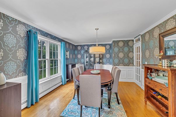 Dining room, Interior, Pendant Lights, Wood Texture Flooring