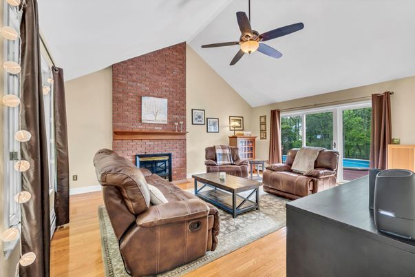 Fireplace, Interior, Living room, Stone Walls, Wood Texture Flooring