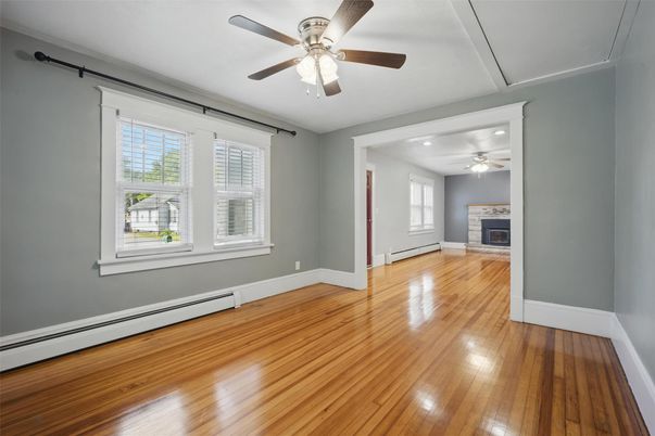 Empty room, Fireplace, Interior, Recessed Lighting, Wood Texture Flooring