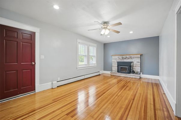 Empty room, Fireplace, Interior, Recessed Lighting, Wood Texture Flooring