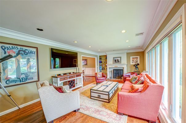 Fireplace, Interior, Living room, Recessed Lighting, Wood Texture Flooring