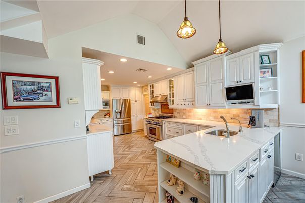Interior, Kitchen, Pendant Lights, Recessed Lighting, Stainless Steel Appliances, Wood Texture Flooring