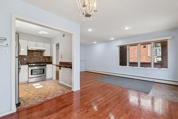 Chandelier, Interior, Kitchen, Recessed Lighting, Stainless Steel Appliances, Wood Texture Flooring